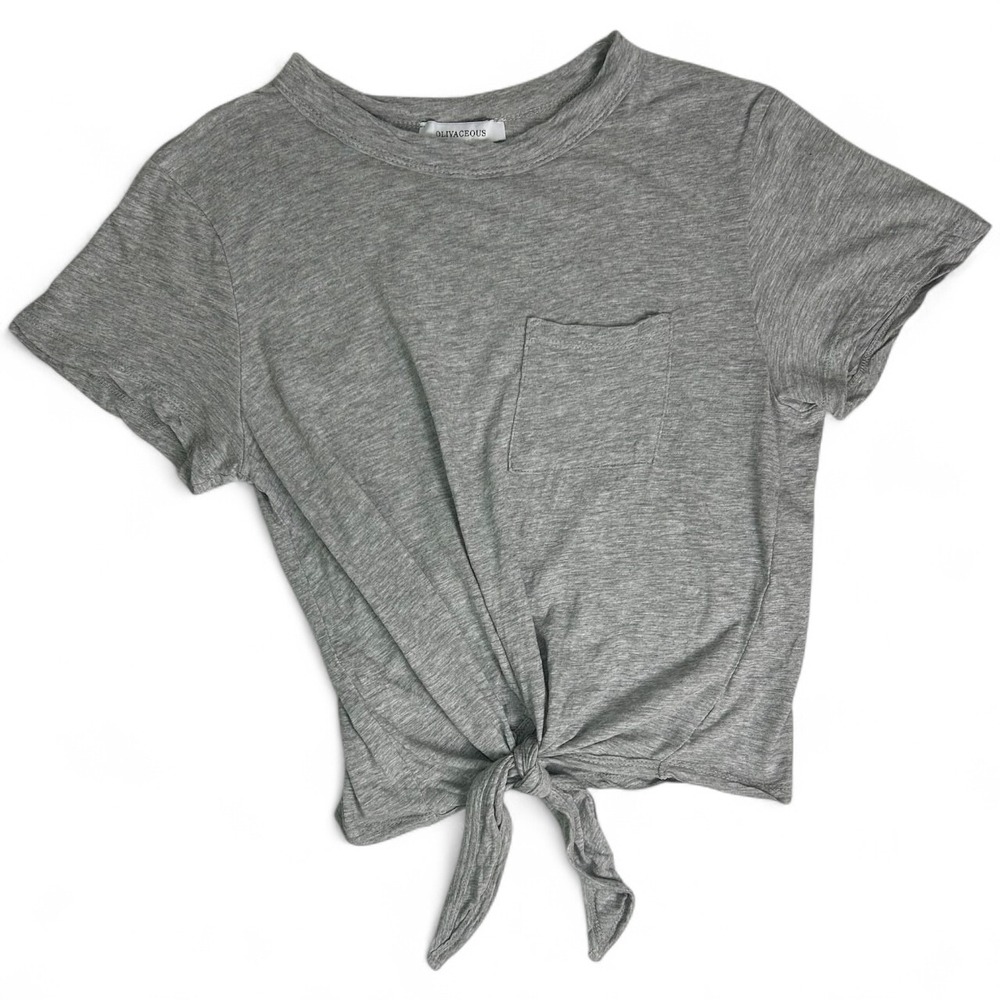 Olivaceous Womans Small Gray Short Sleeve Tie Front Pocket Tee